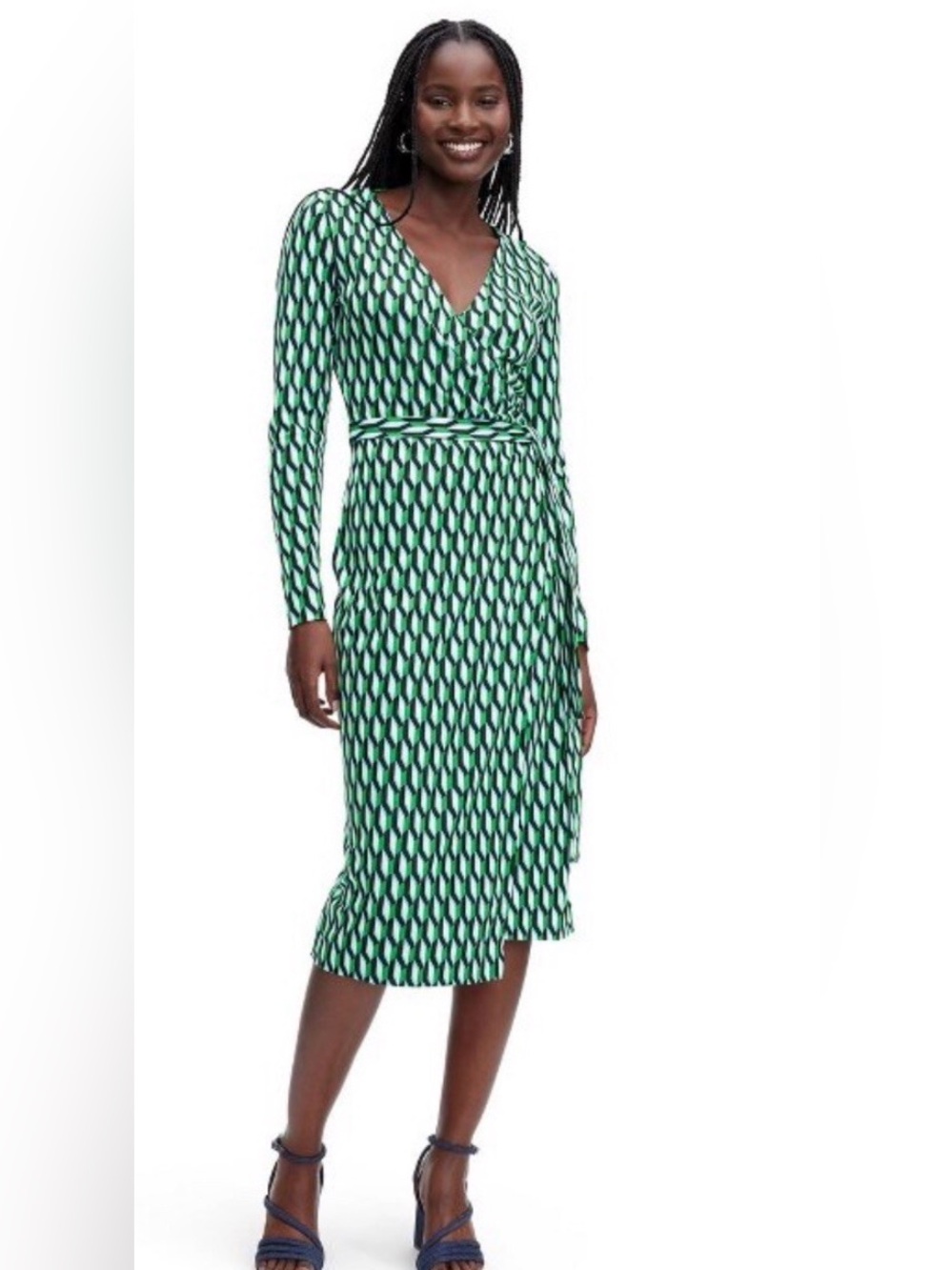 Diane Von Furstenberg Green Geometric Wrap Midi Dress